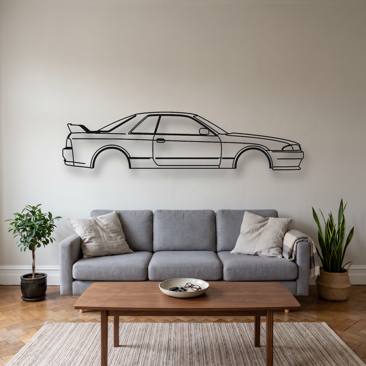 Nissan Skyline GT-R BNR32 metal wall art silhouette, front view on wall
