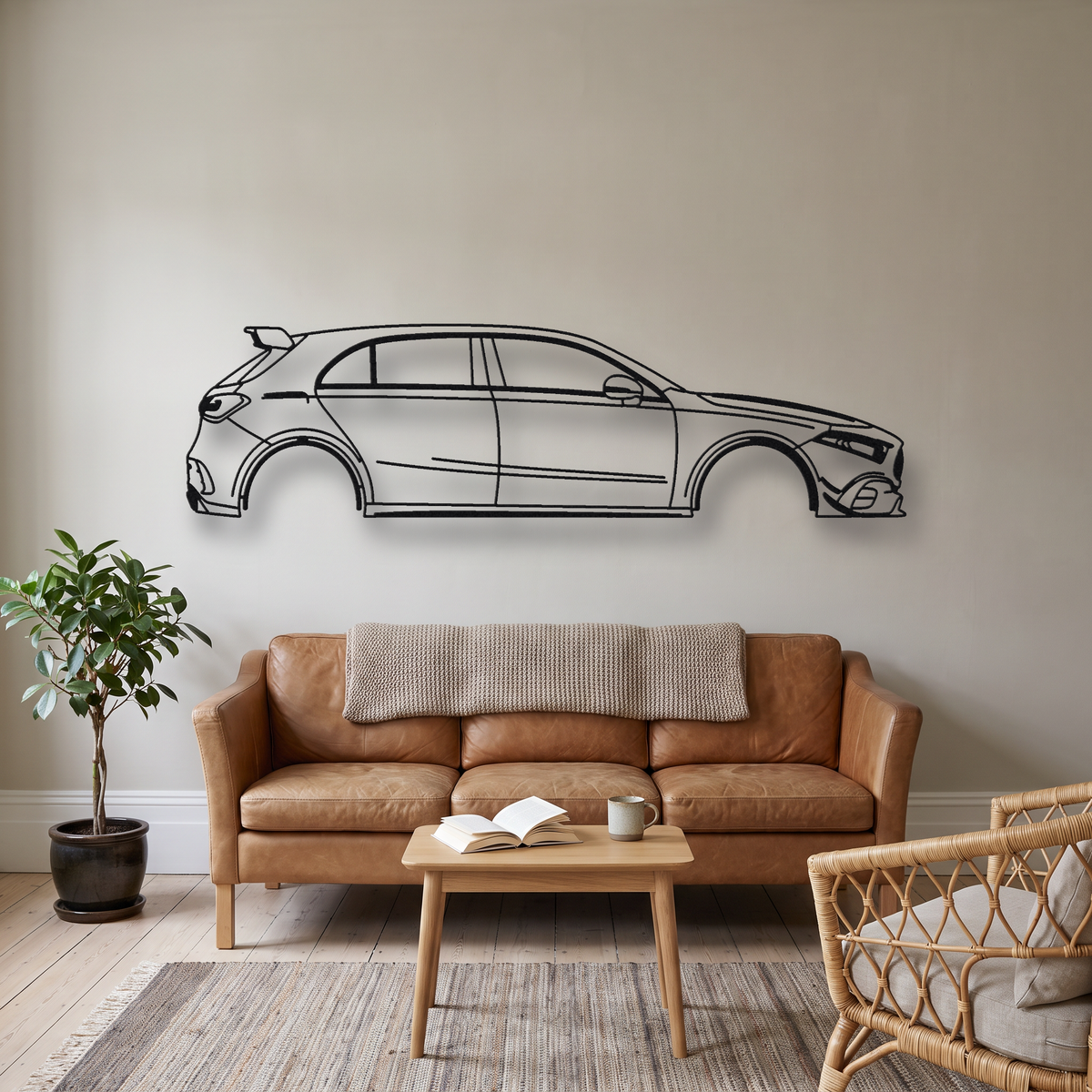 Mercedes-AMG A45 S W177 metal wall art silhouette, front view on wall