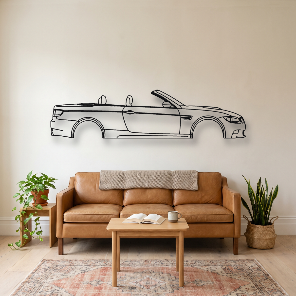 BMW M3 Convertible E93 metal wall art silhouette, front view on wall