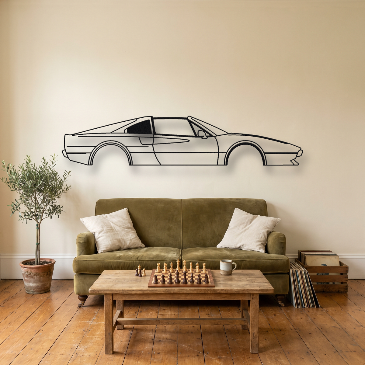 Ferrari 308 GTS metal wall art silhouette, front view on wall