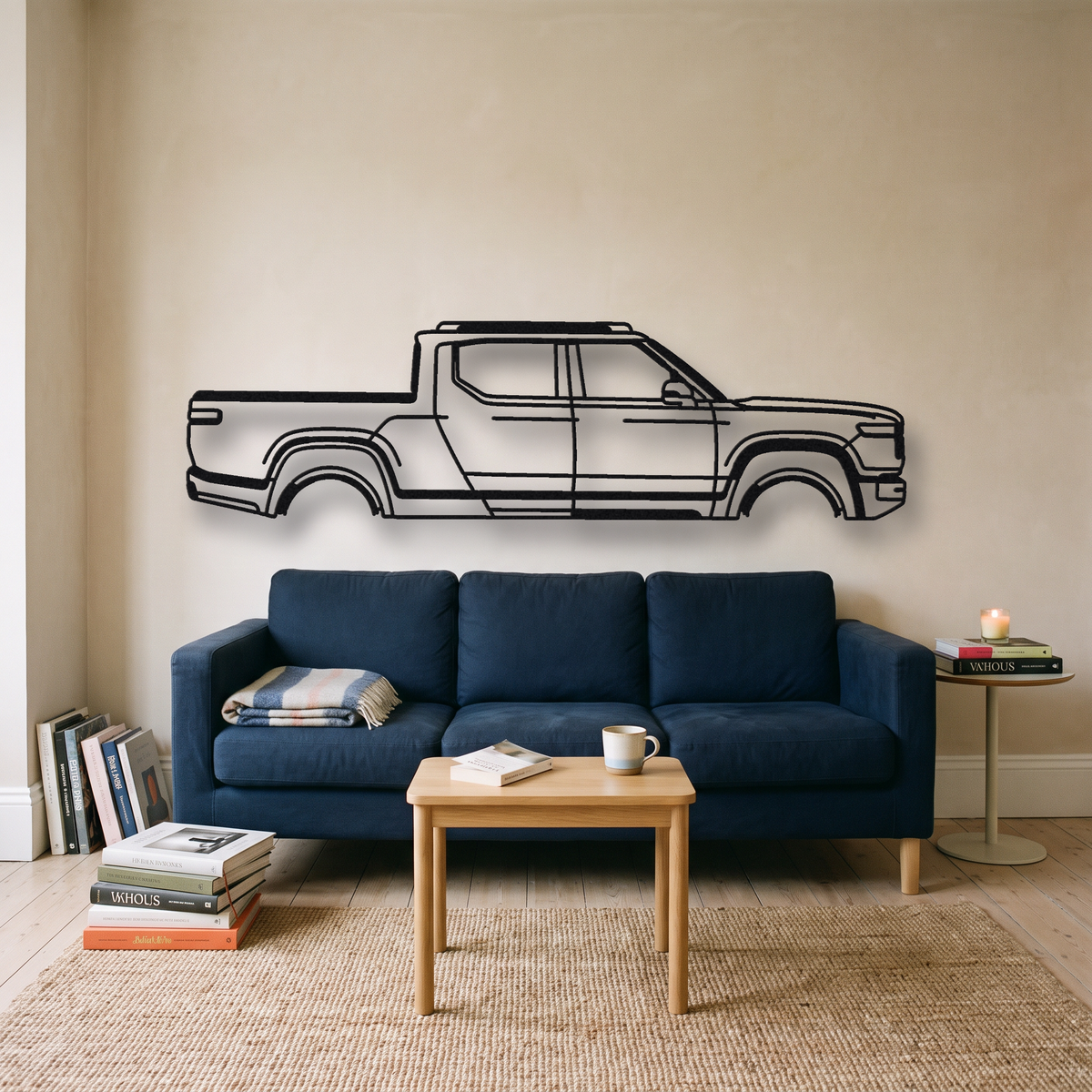 2022- Rivian R1T / R1S Quad-Motor metal wall art silhouette, front view on wall