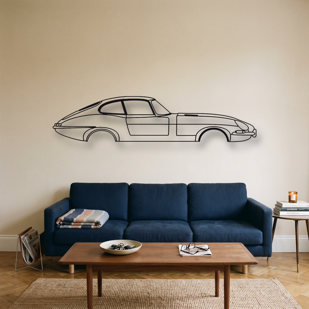 Jaguar E-Type Series 1 Fixed-Head Coupe metal wall art silhouette, front view on wall