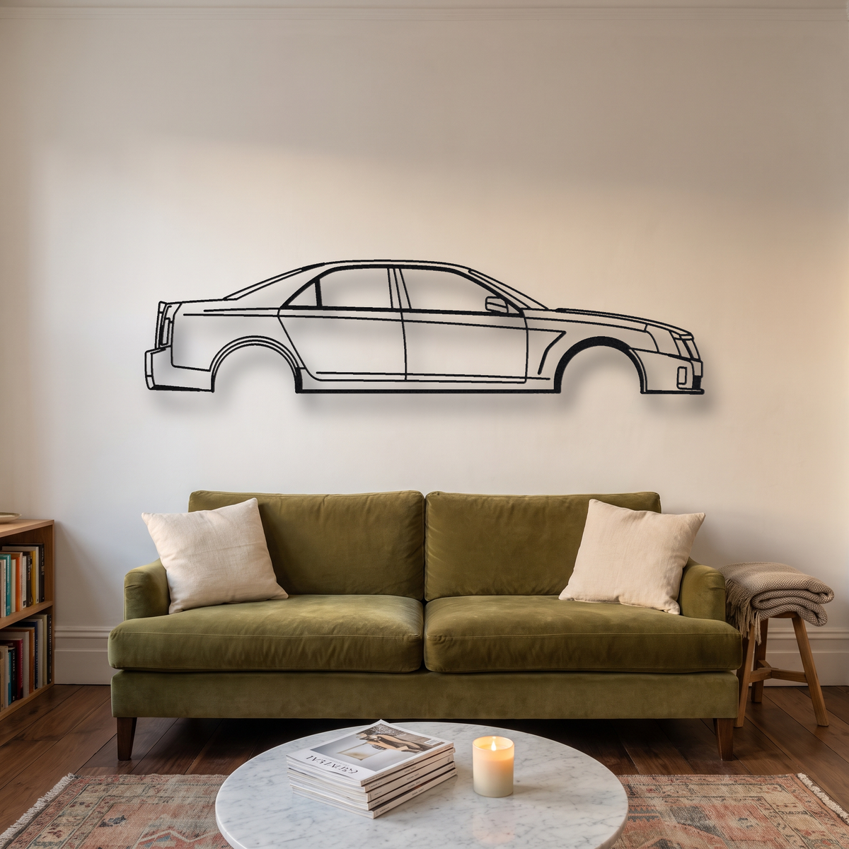 Cadillac CTS-V Gen 1 metal wall art silhouette, front view on wall
