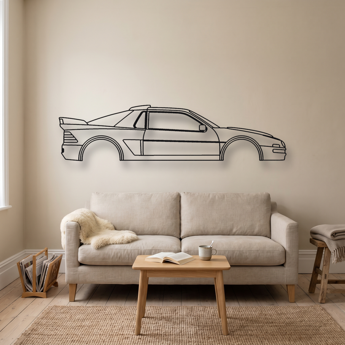 Ford RS200 metal wall art silhouette, front view on wall
