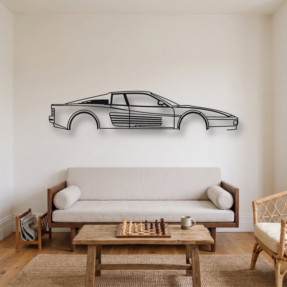 Ferrari 512 TR metal wall art silhouette, front view on wall