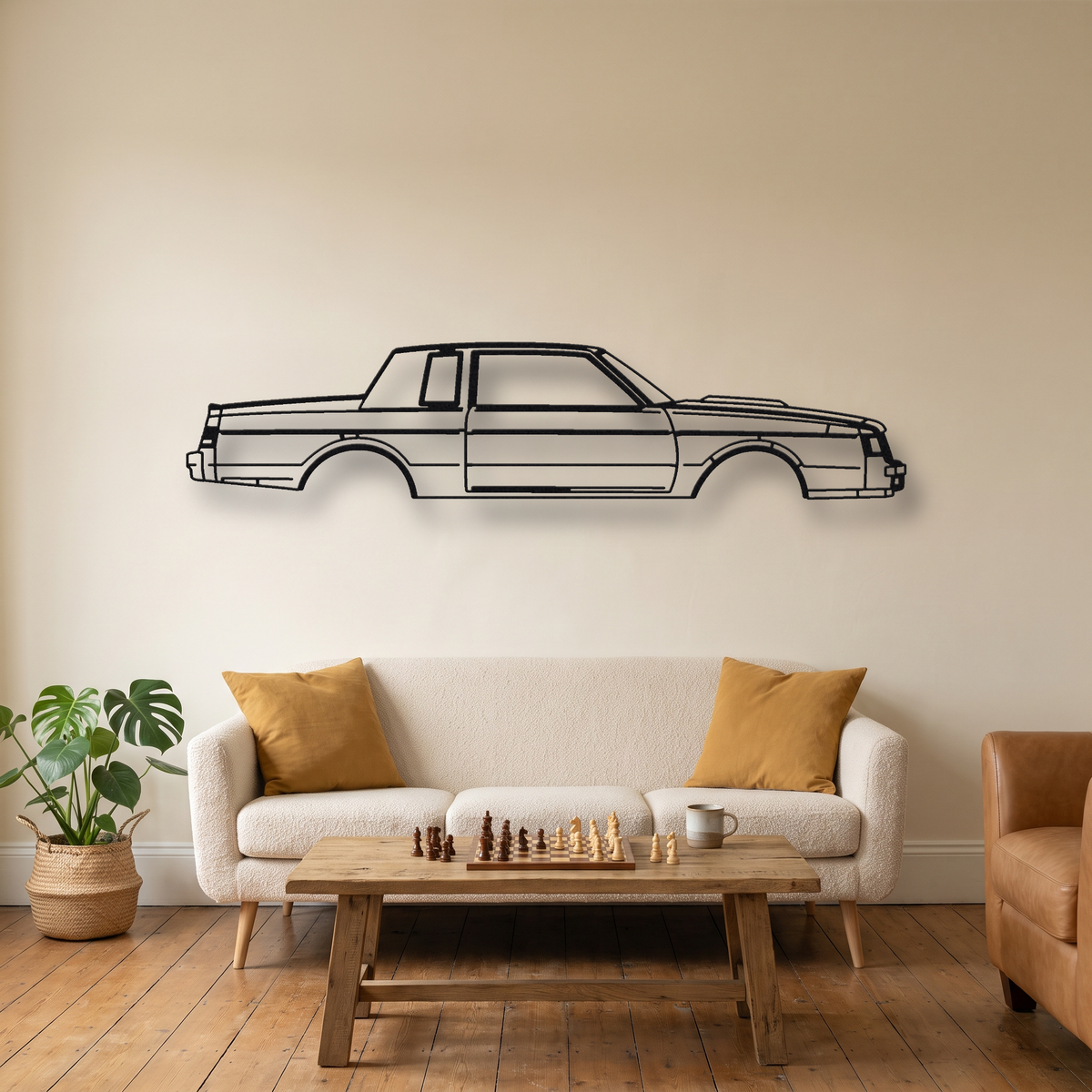 Buick Grand National metal wall art silhouette, front view on wall