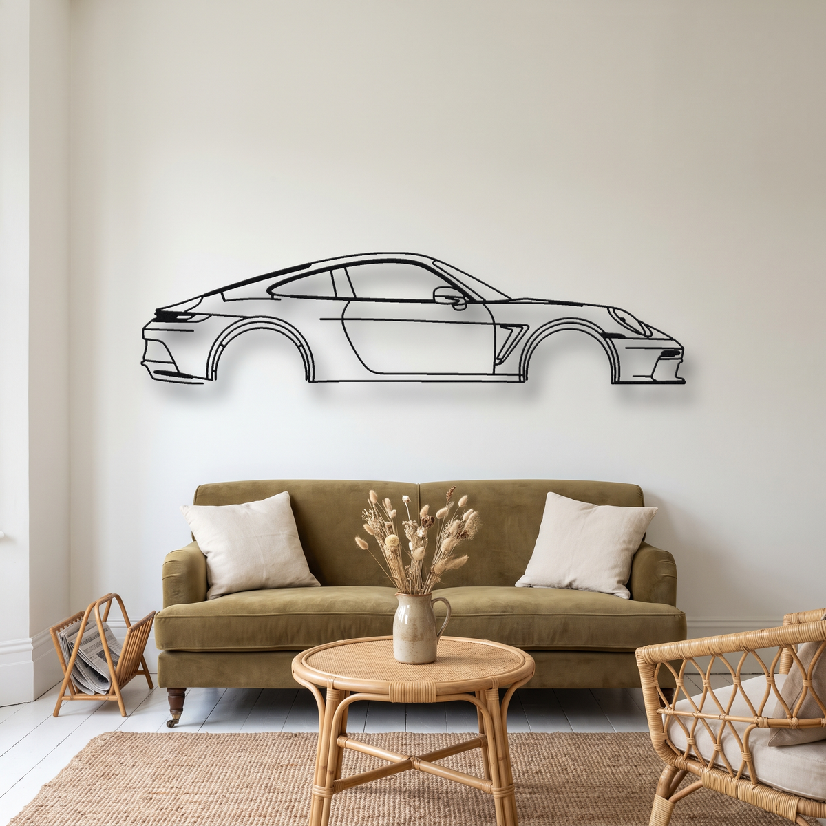 Porsche 911 S/T 992 metal wall art silhouette, front view on wall