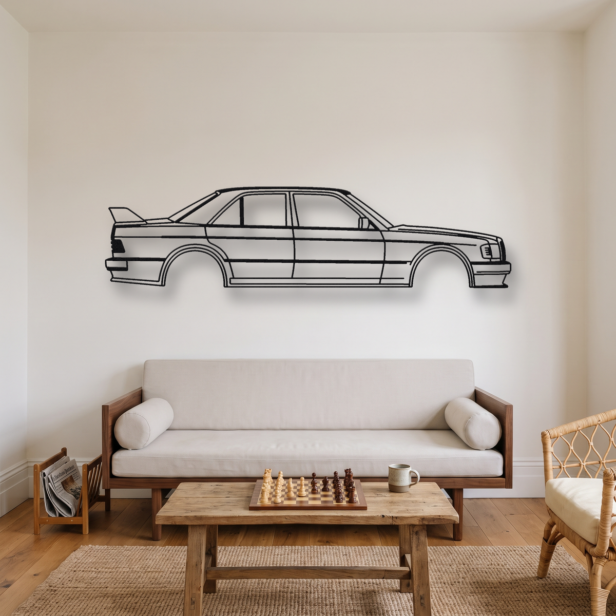 Mercedes-Benz 190E 2.5-16 Evolution I metal wall art silhouette, front view on wall