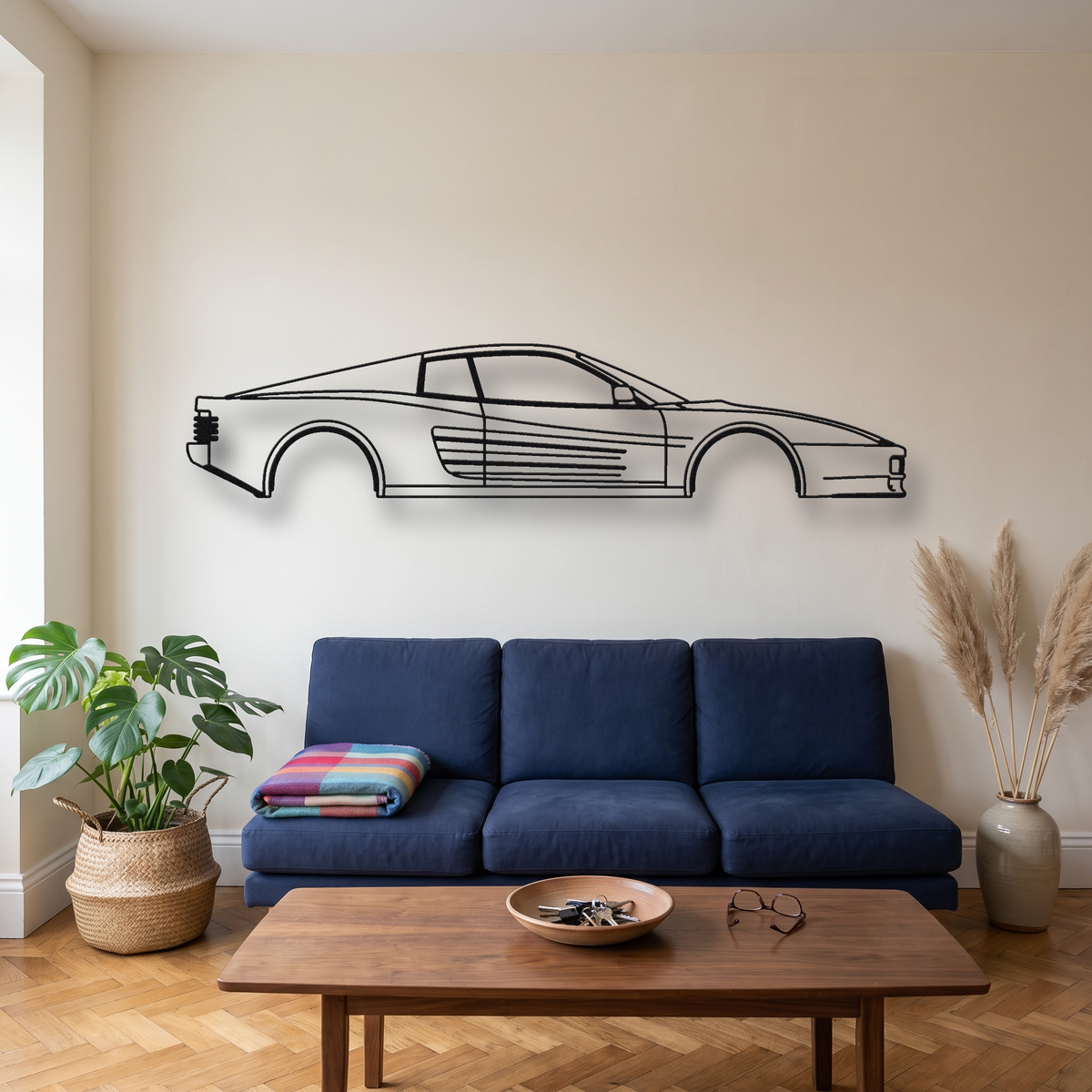 Ferrari F512 M metal wall art silhouette, front view on wall