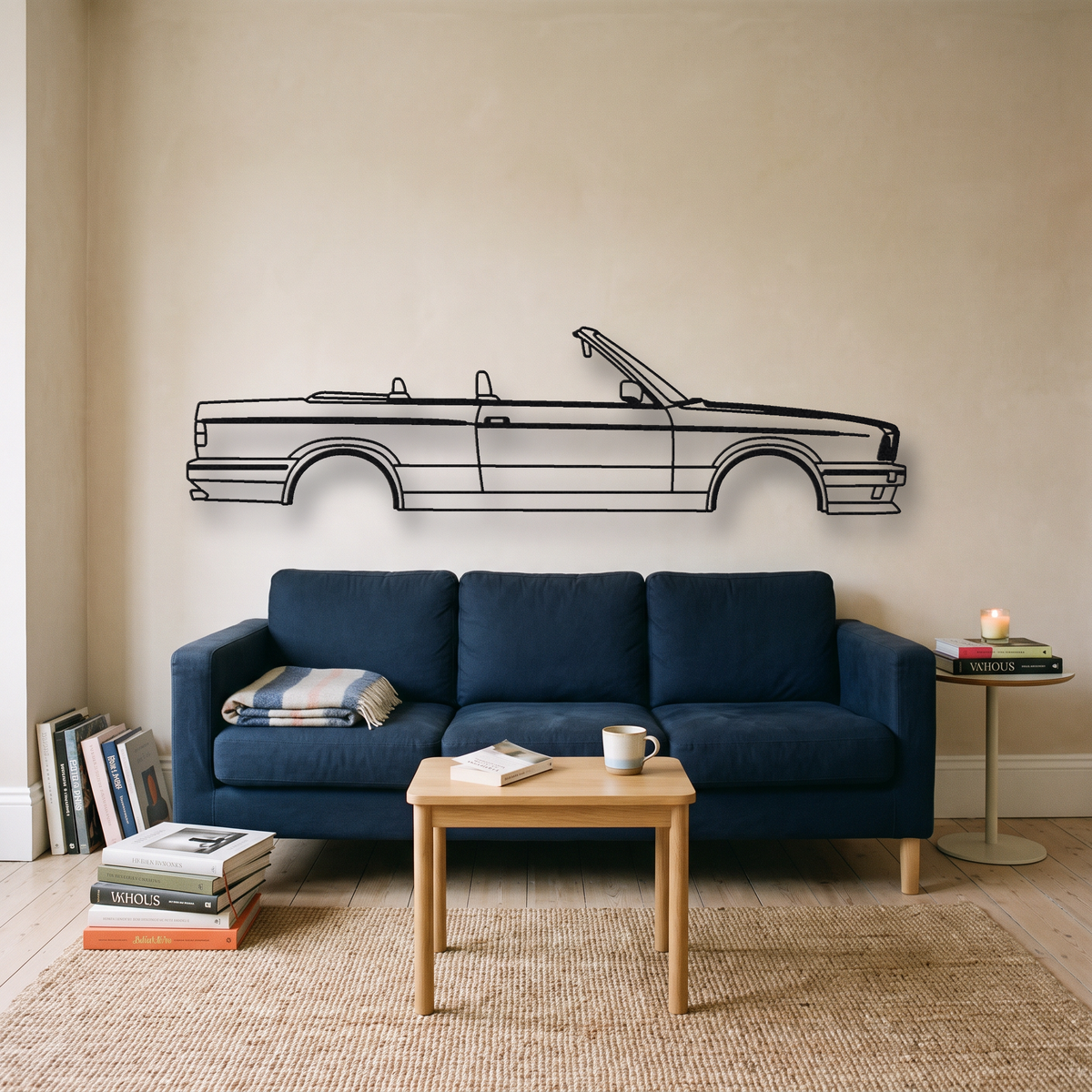 BMW M3 Convertible E30 metal wall art silhouette, front view on wall
