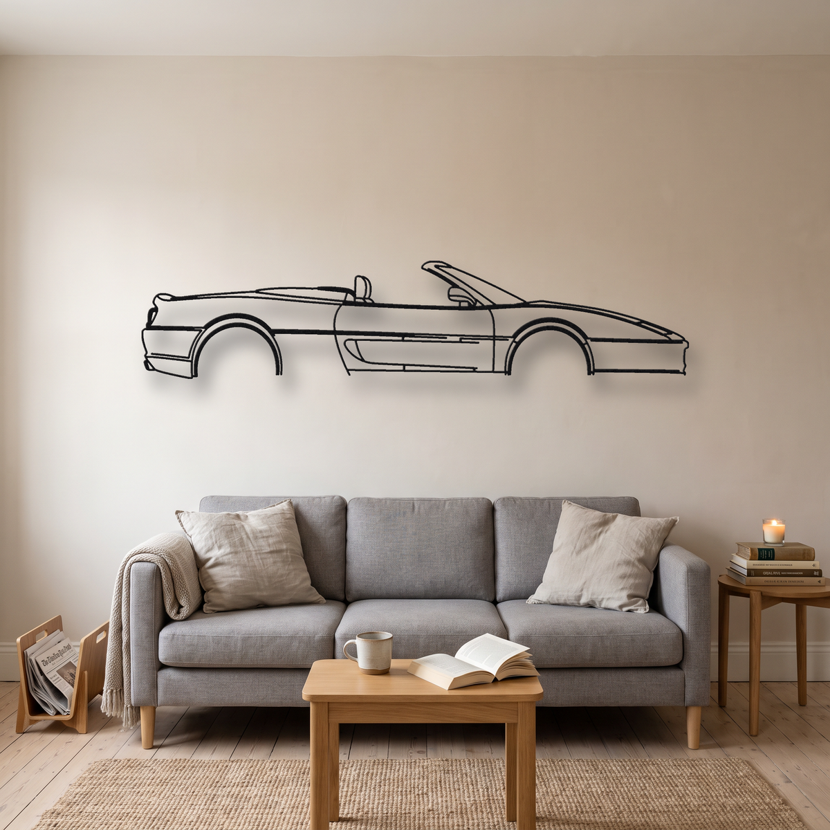 Ferrari F355 Spider metal wall art silhouette, front view on wall