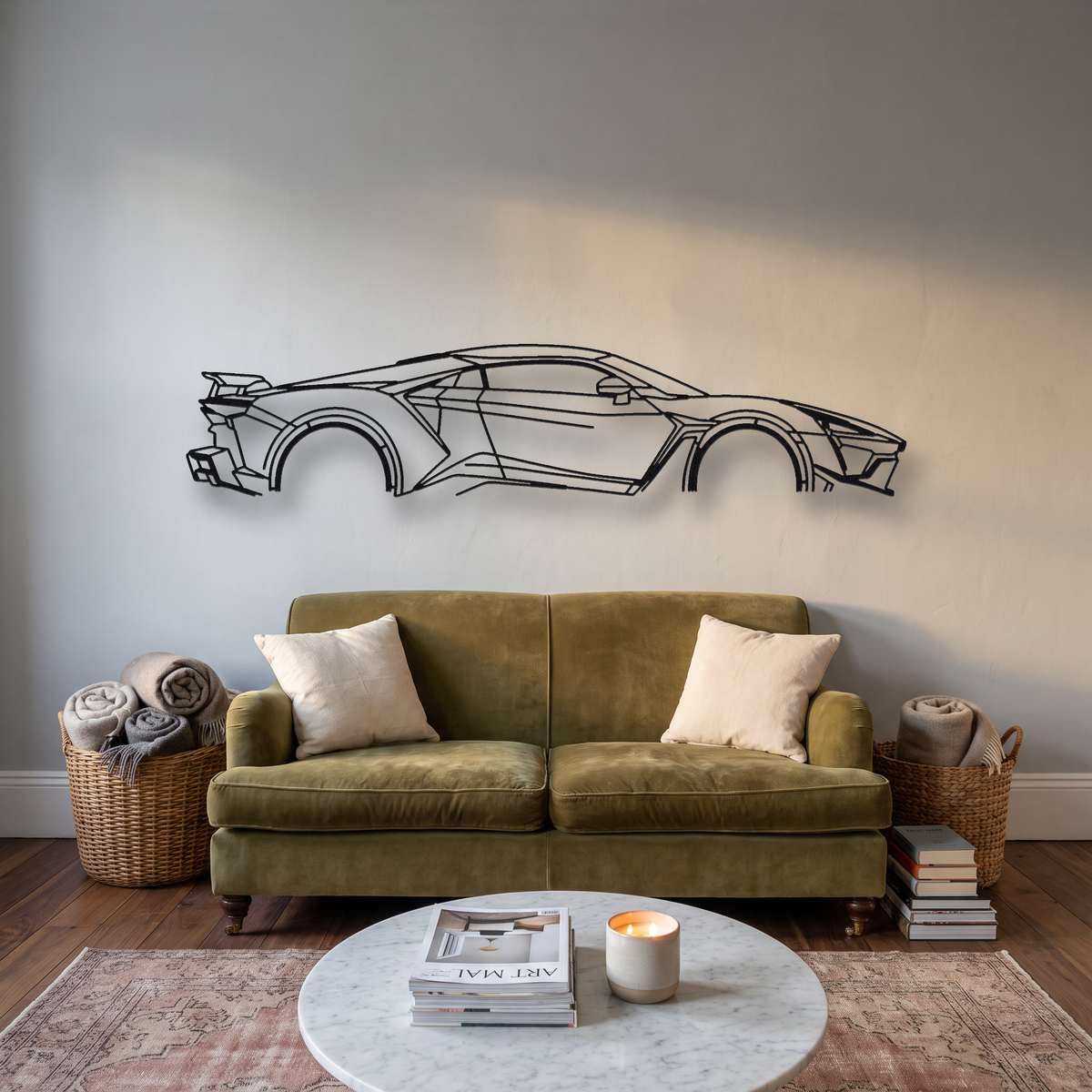W Motors Fenyr SuperSport metal wall art silhouette, front view on wall