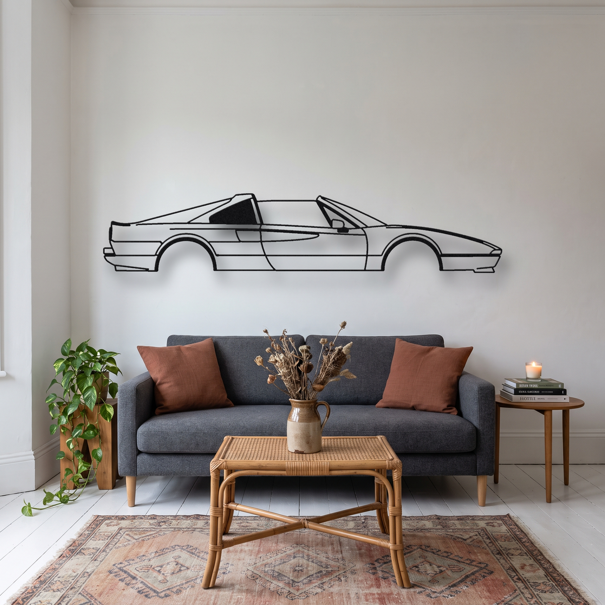 Ferrari 328 GTS metal wall art silhouette, front view on wall