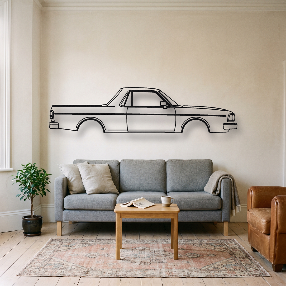 Subaru BRAT Gen 1 metal wall art silhouette, front view on wall