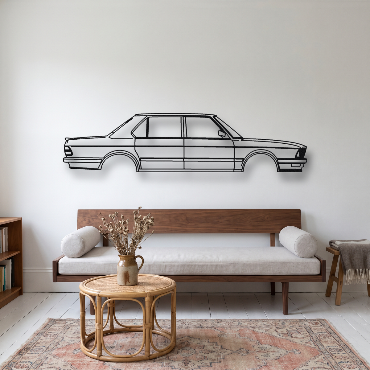 BMW M5 E28 metal wall art silhouette, front view on wall