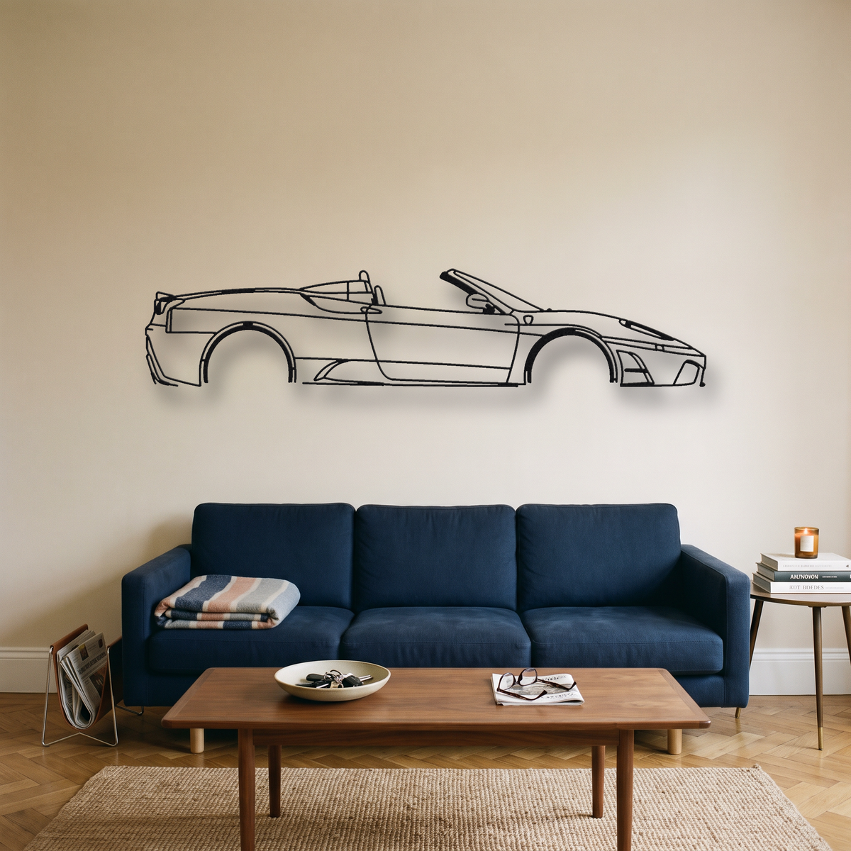 Ferrari Scuderia Spider 16M metal wall art silhouette, front view on wall
