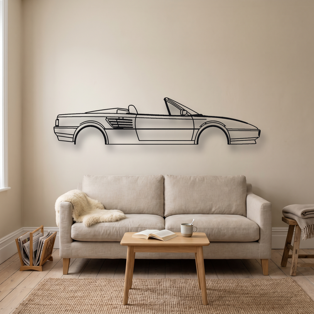 Ferrari Mondial t Cabriolet metal wall art silhouette, front view on wall