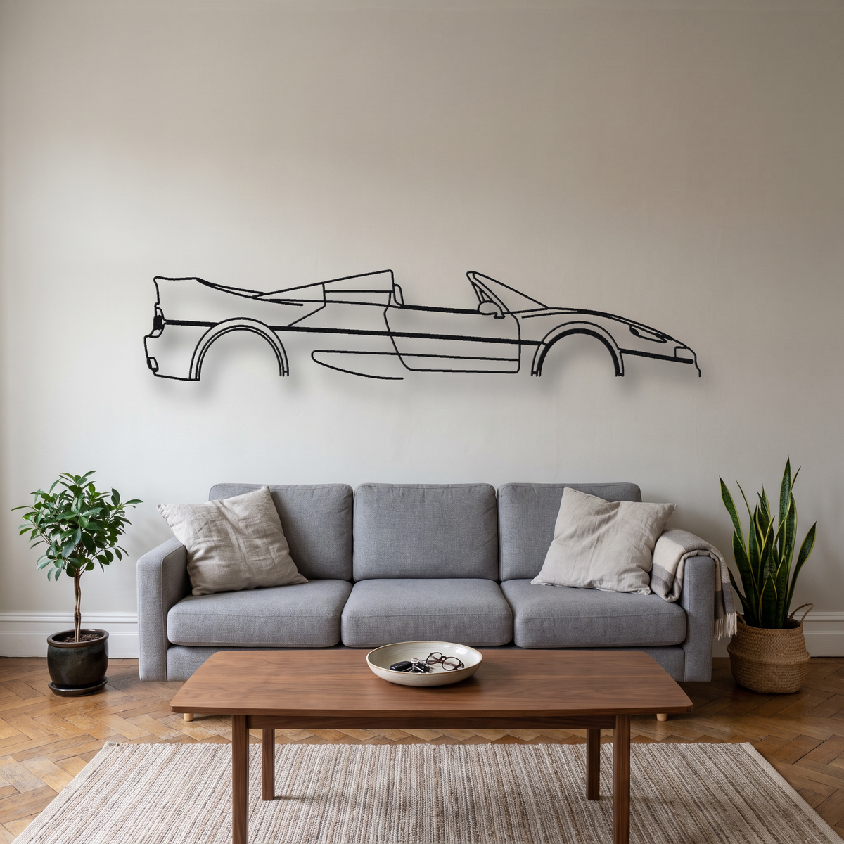 Ferrari F50 metal wall art silhouette, front view on wall