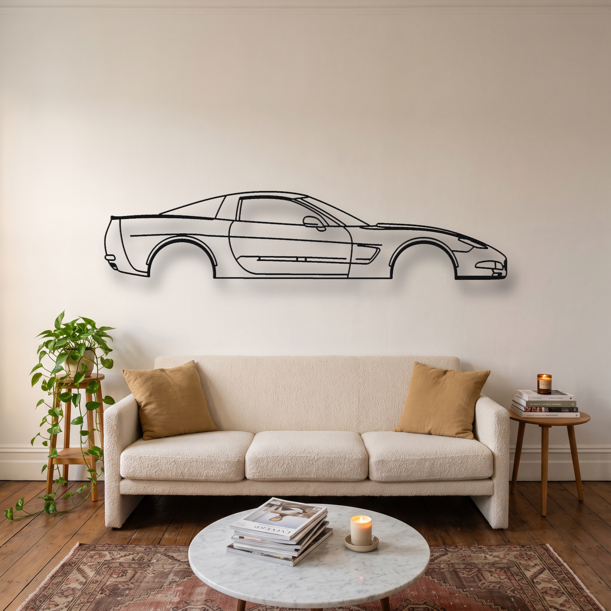 Chevrolet Corvette Z06 C5 metal wall art silhouette, front view on wall