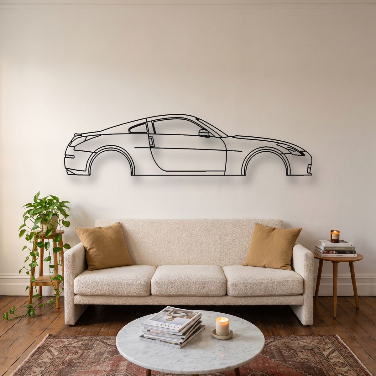 Nissan 350Z Z33 metal wall art silhouette, front view on wall