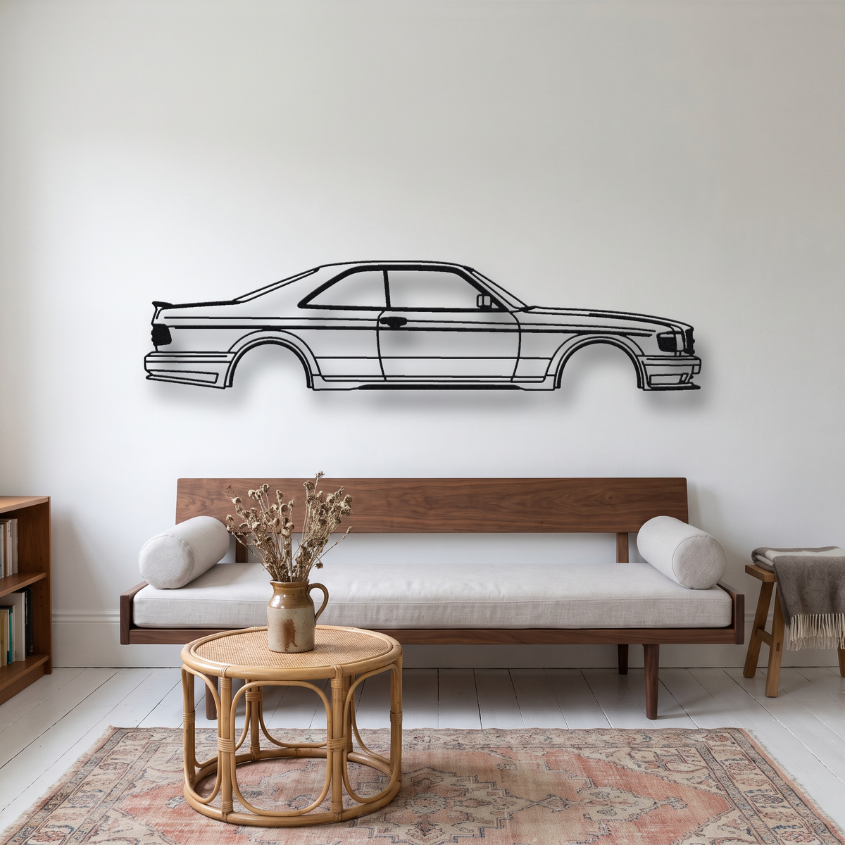 Mercedes-Benz 560 SEC AMG 6.0 'Wide-Body' C126 metal wall art silhouette, front view on wall