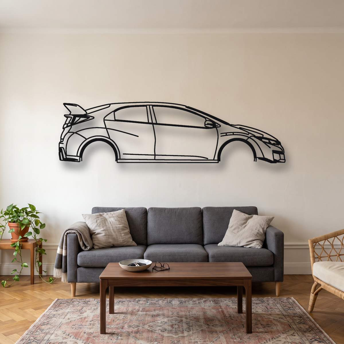 2015-17 Honda Civic Type R FK2 metal wall art silhouette, front view on wall