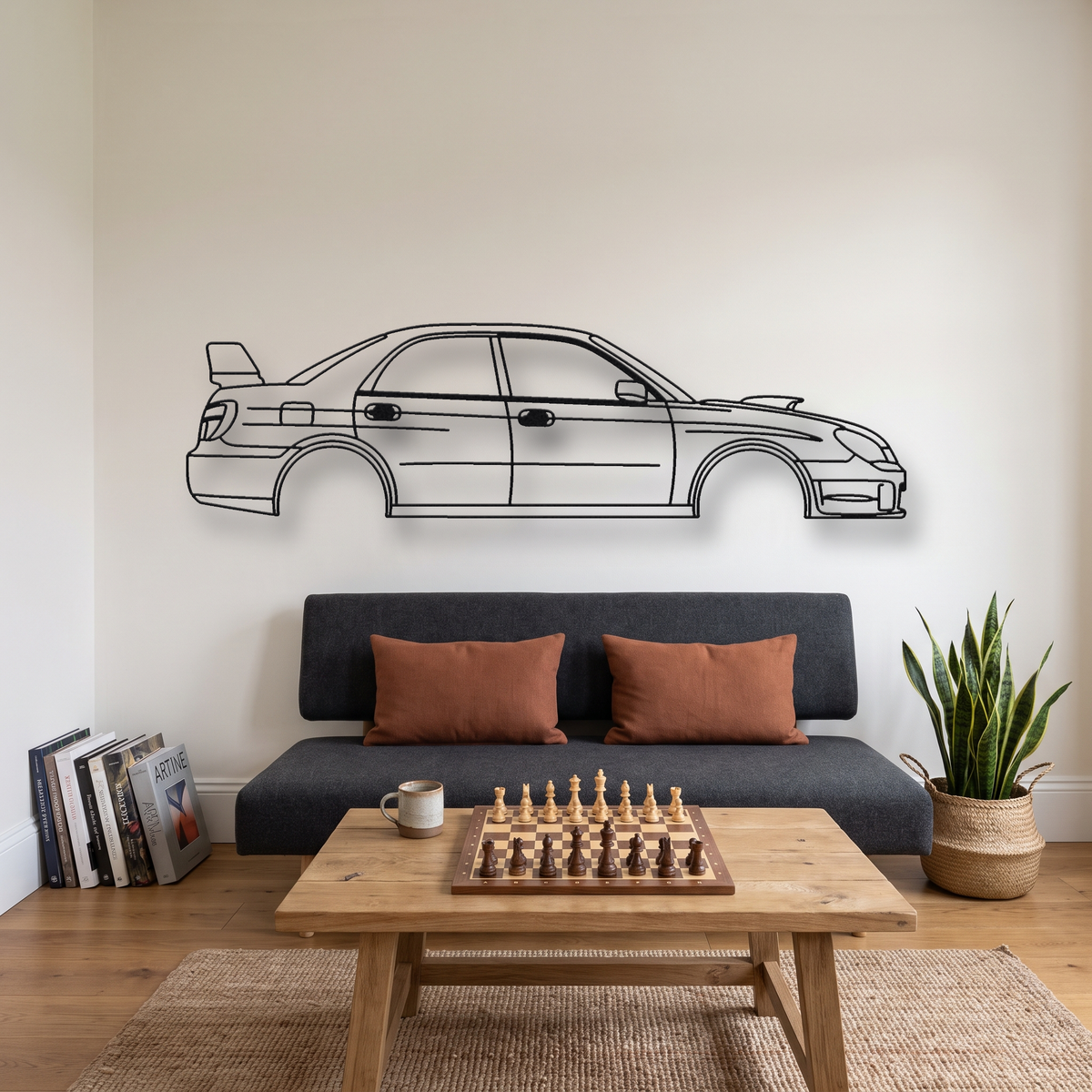Subaru Impreza WRX STI Hawk-eye GDB metal wall art silhouette, front view on wall