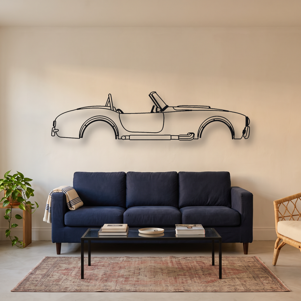 1965 Shelby Cobra 427 metal wall art silhouette, front view on wall