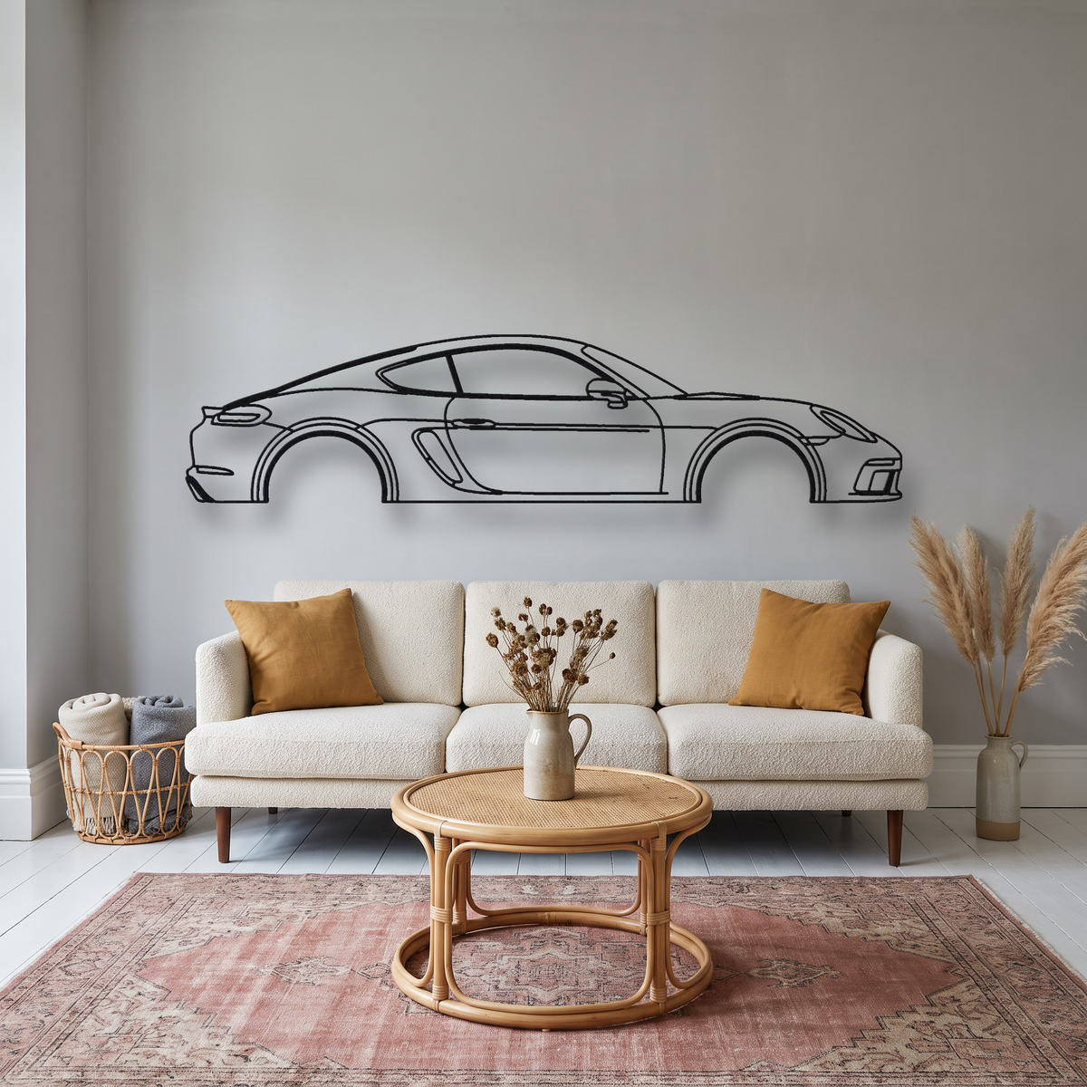 Porsche 718 Cayman 982 metal wall art silhouette, front view on wall