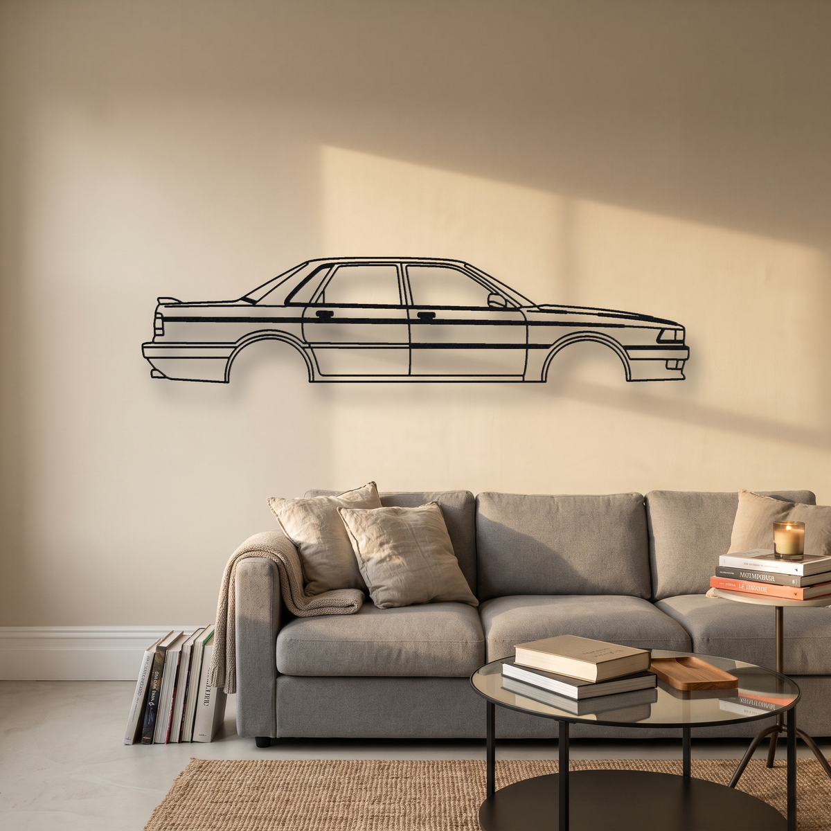 Mitsubishi Galant VR-4 E39A metal wall art silhouette, front view on wall