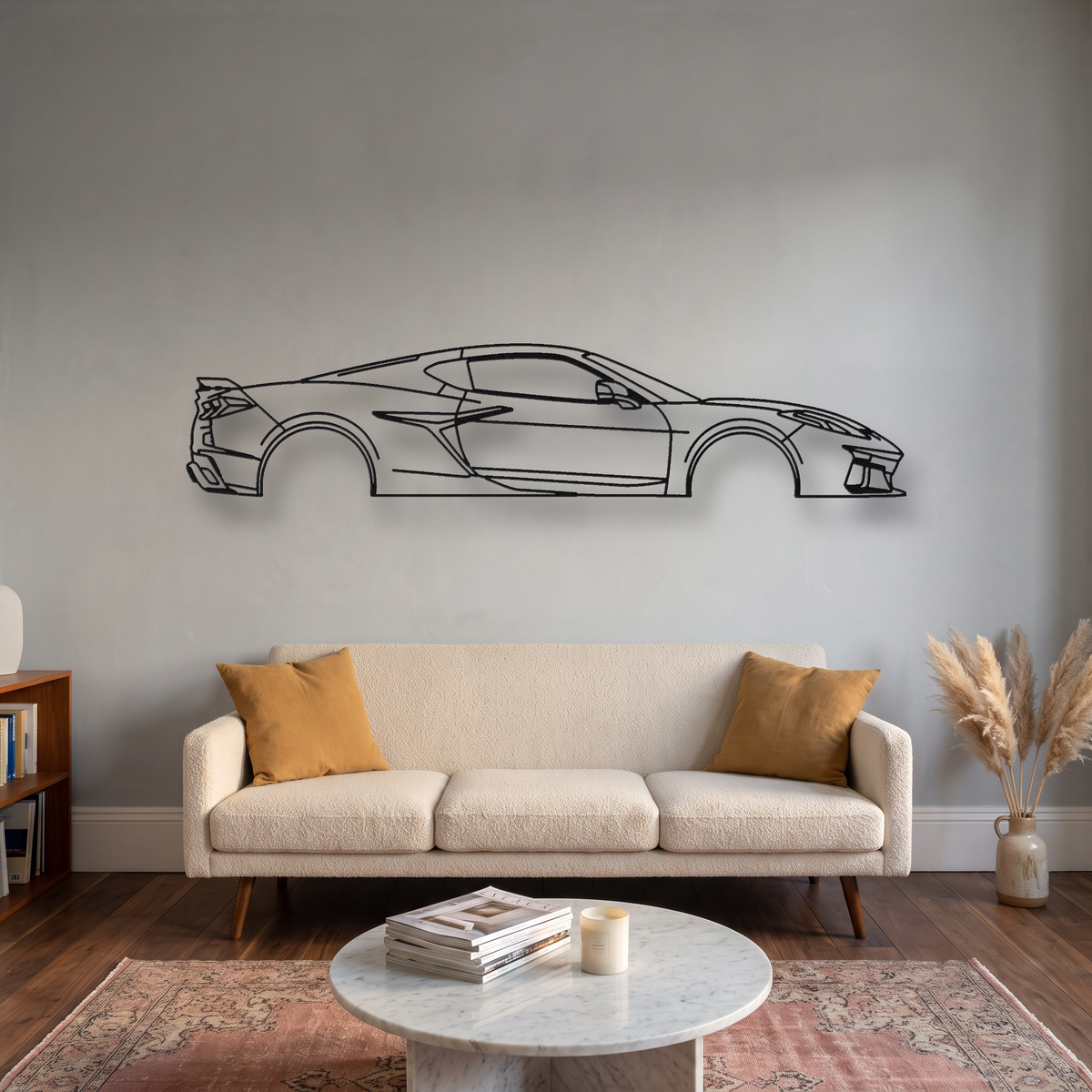 Chevrolet Corvette Z06 C8 metal wall art silhouette, front view on wall