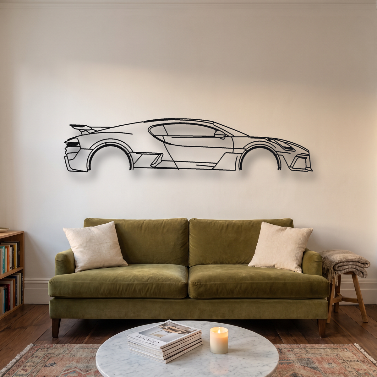 Bugatti Divo metal wall art silhouette, front view on wall