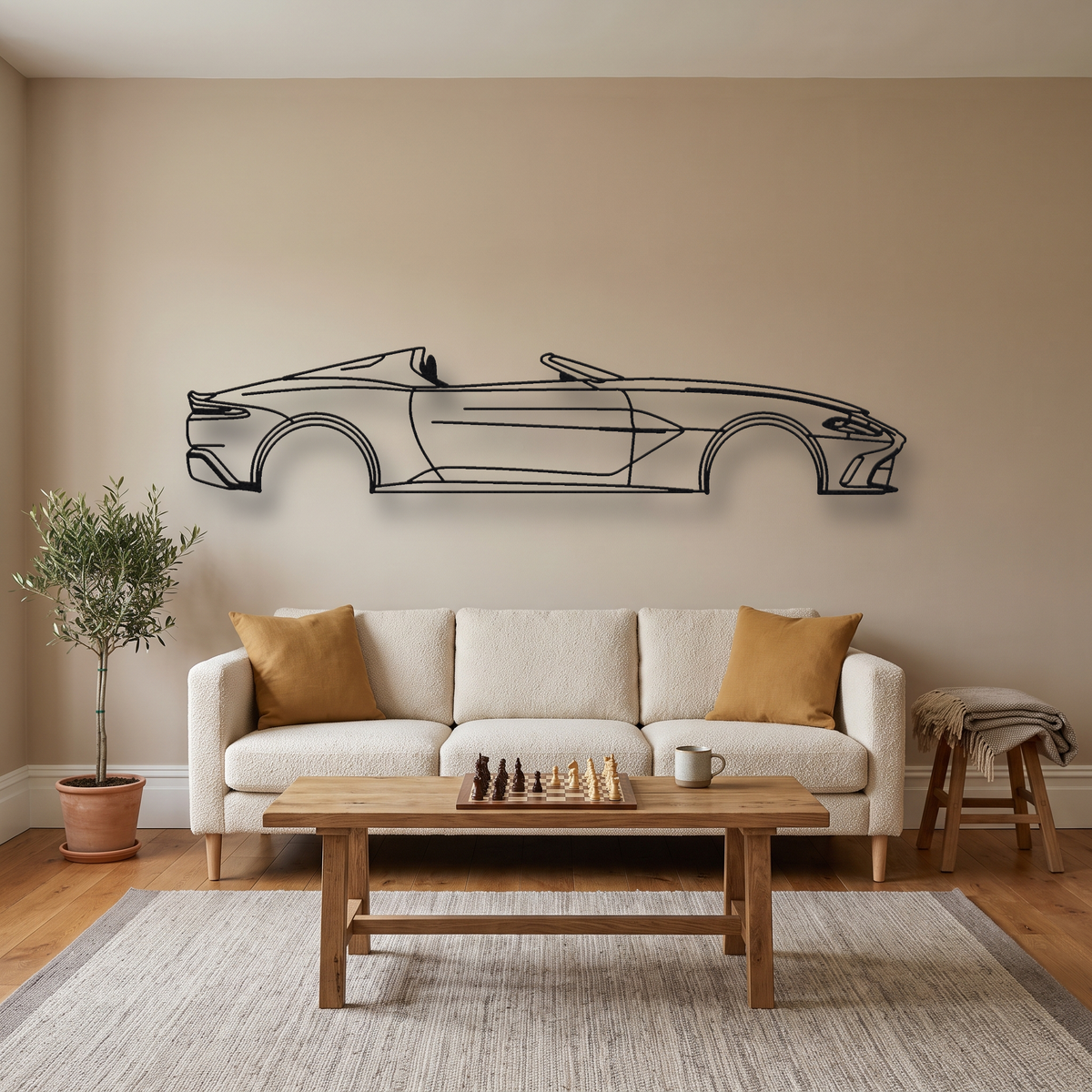 Aston Martin V12 Speedster metal wall art silhouette, front view on wall