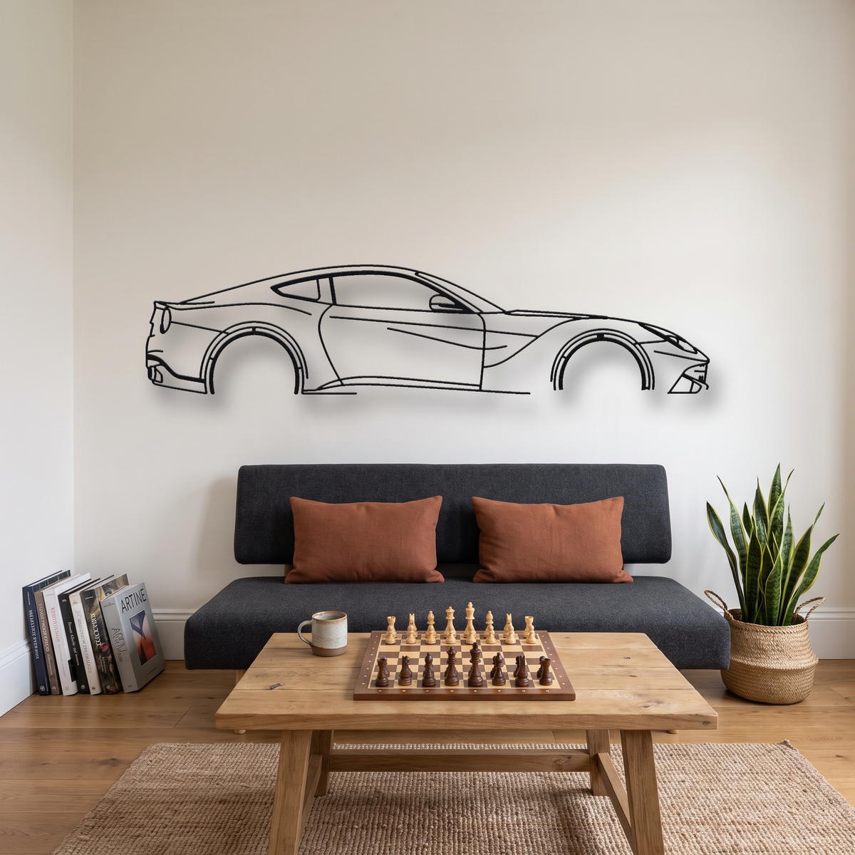 Ferrari F12berlinetta metal wall art silhouette, front view on wall