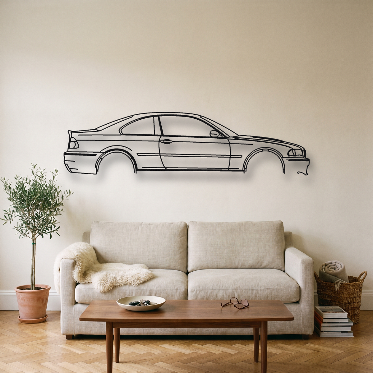 BMW M3 E46 metal wall art silhouette, front view on wall