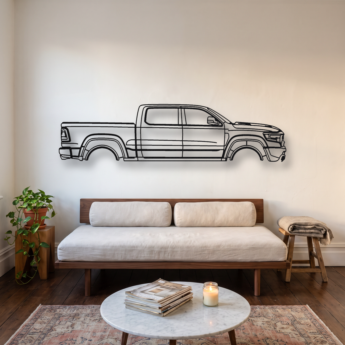 Ram 1500 TRX metal wall art silhouette, front view on wall