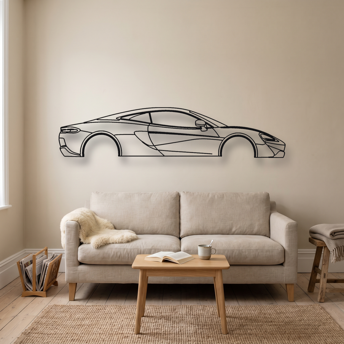 McLaren 570GT metal wall art silhouette, front view on wall