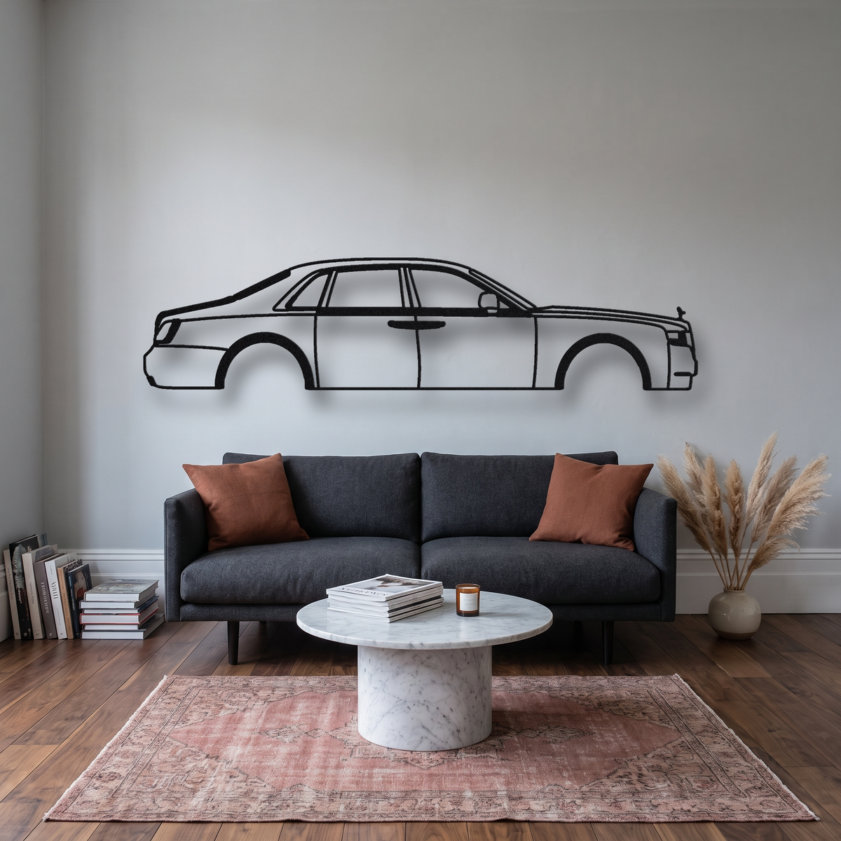 2021- Rolls-Royce Ghost Black Badge metal wall art silhouette, front view on wall