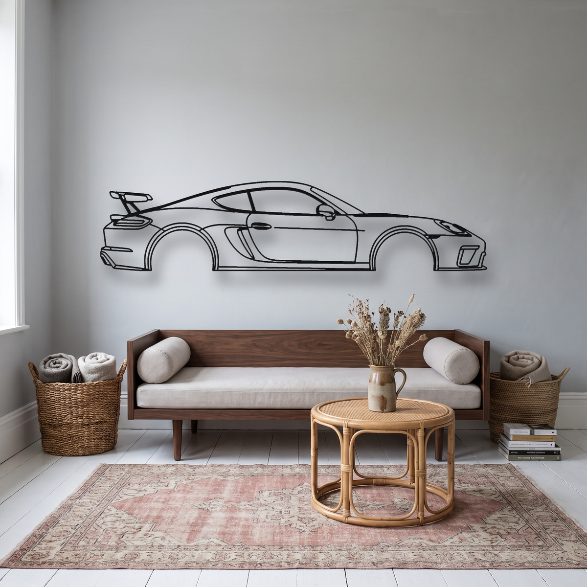 Porsche Cayman GT4 982 metal wall art silhouette, front view on wall