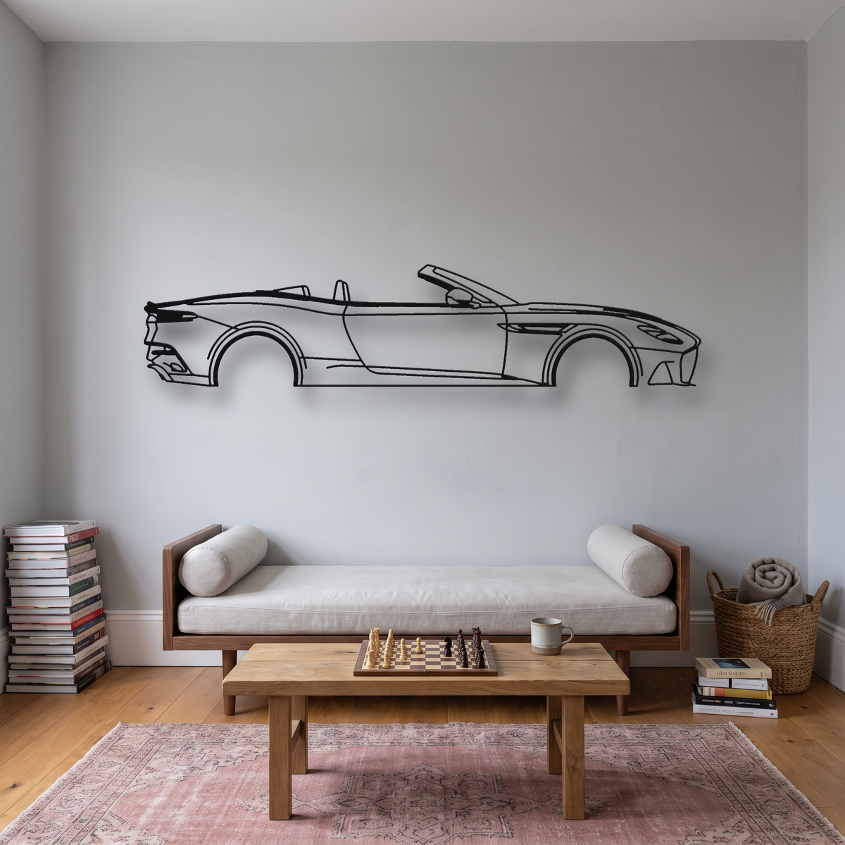 Aston Martin DBS Superleggera Volante metal wall art silhouette, front view on wall