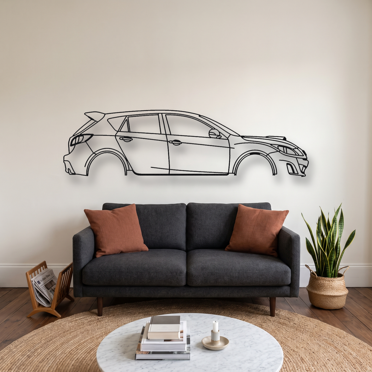 Mazda Mazdaspeed3 Gen 2 metal wall art silhouette, front view on wall