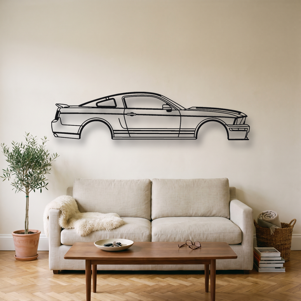 Ford Shelby GT500KR S197 metal wall art silhouette, front view on wall