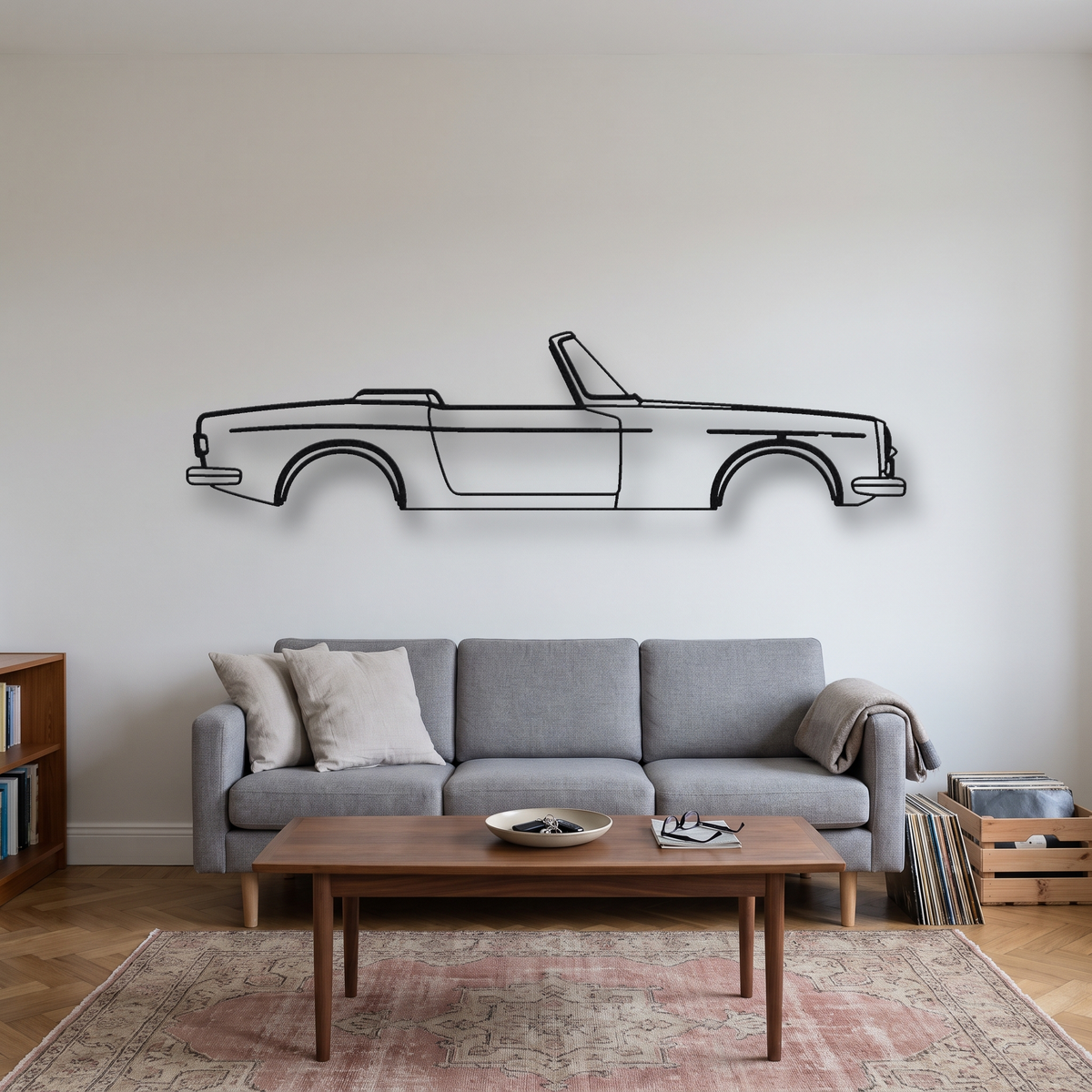 Honda S800 metal wall art silhouette, front view on wall