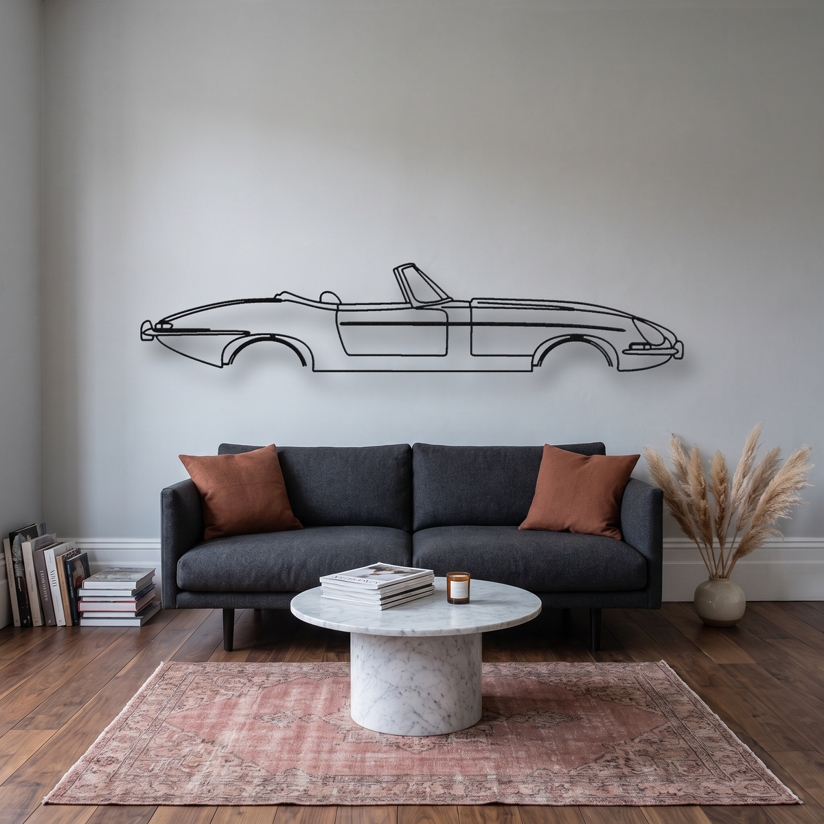 Jaguar E-Type Series 1 Roadster metal wall art silhouette, front view on wall