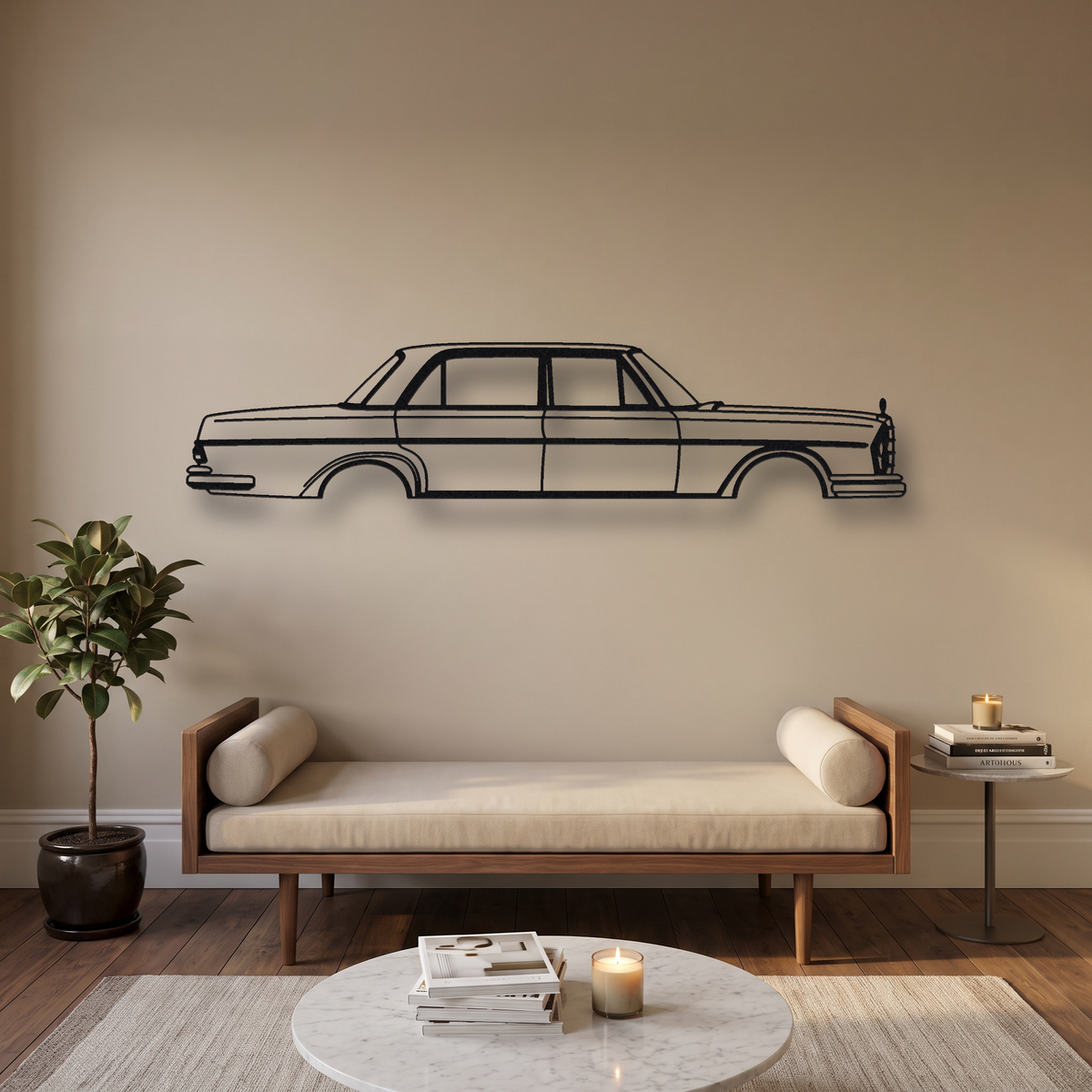 Mercedes-Benz 300 SEL 6.3 W109 metal wall art silhouette, front view on wall