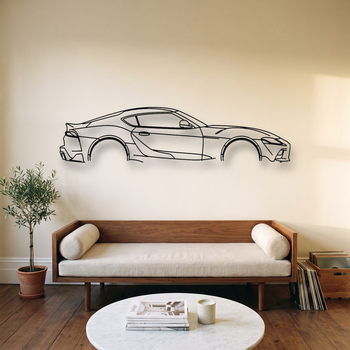 Toyota GR Supra MKV metal wall art silhouette, front view on wall