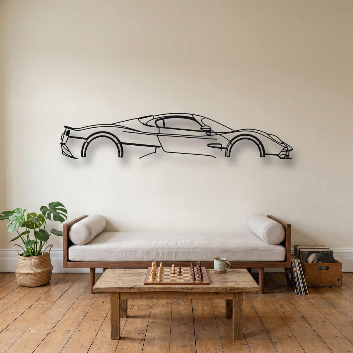 Pagani Utopia metal wall art silhouette, front view on wall