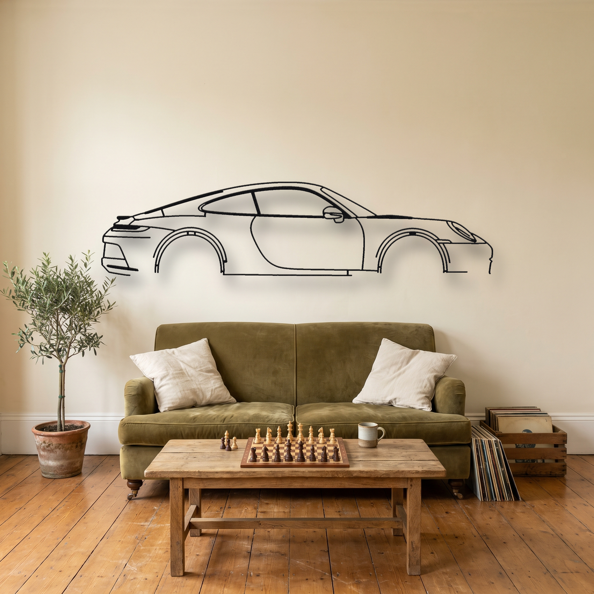Porsche 911 GT3 Touring 992.2 metal wall art silhouette, front view on wall