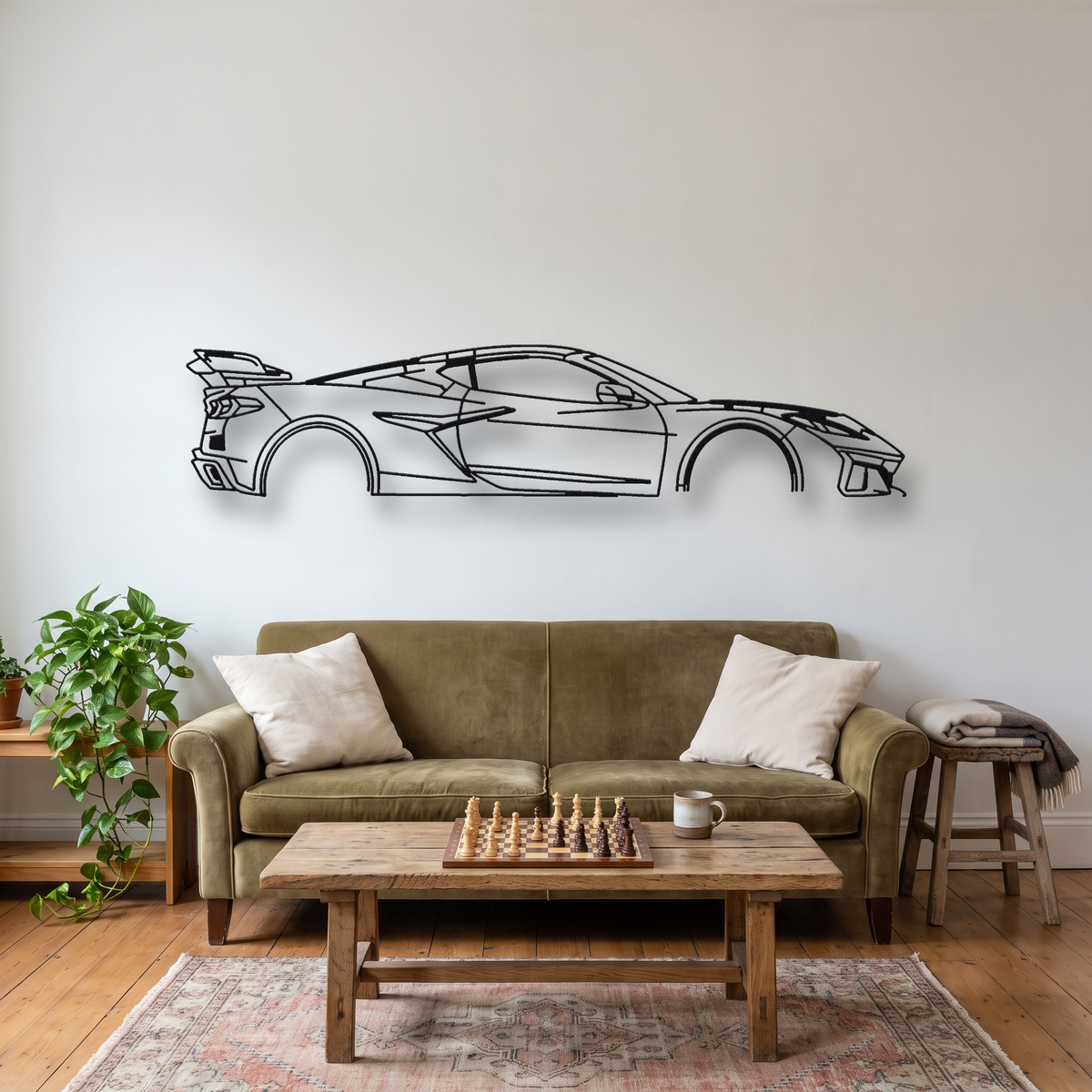 Chevrolet Corvette ZR1 C8 metal wall art silhouette, front view on wall
