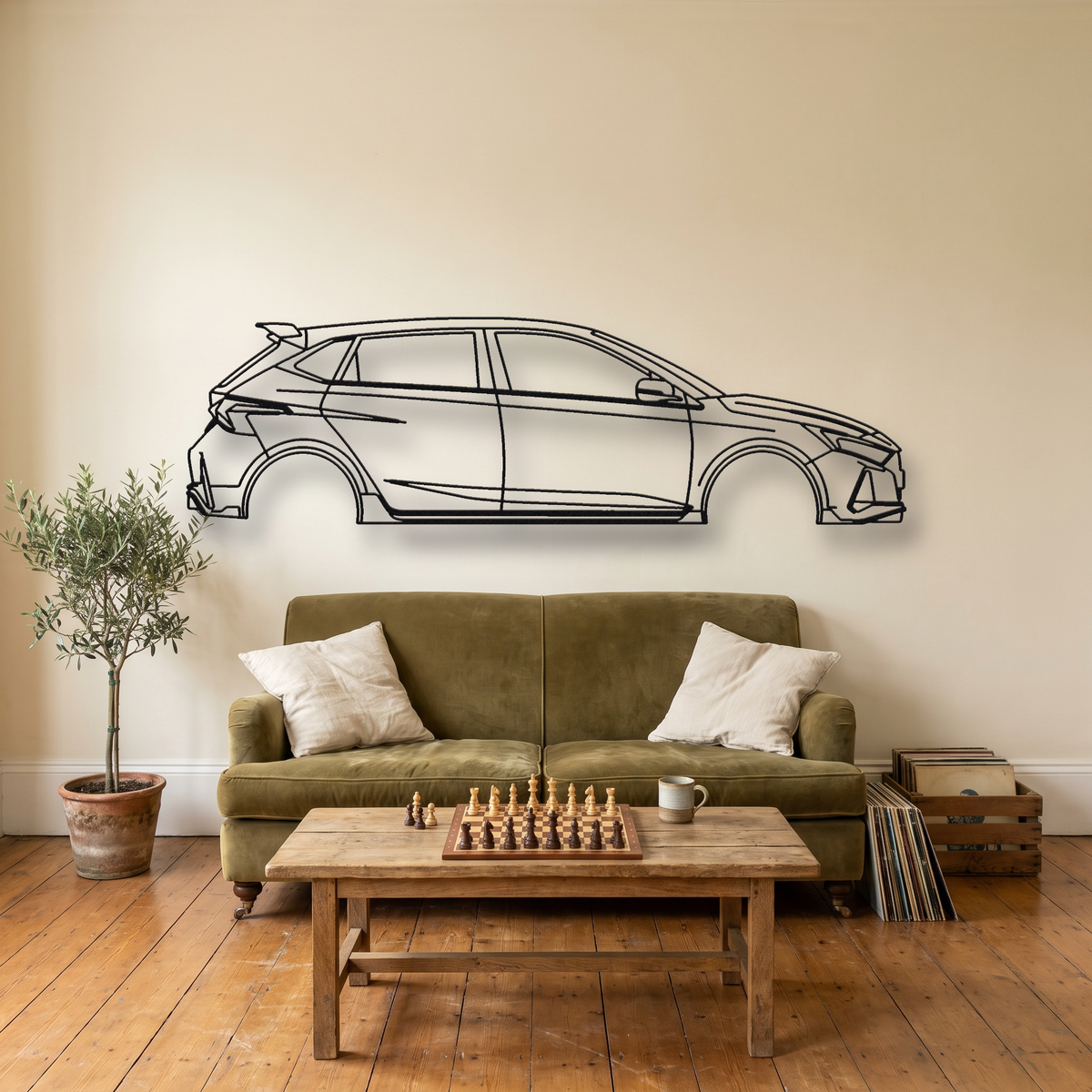 Hyundai i20 N metal wall art silhouette, front view on wall
